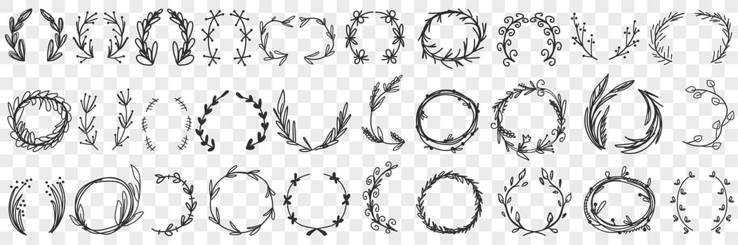 Floral decorative wreath doodle set. Collection of hand drawn wreath of different leaves and flowers for decoration isolated on transparent background. Illustration of elegant head accessory
