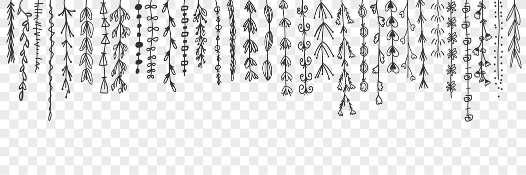 Hanging decorative lines with leaves doodle set. Collection of hand drawn hanging from above branches with elegant decorative leaves isolated on transparent background. Illustration of tree leaf