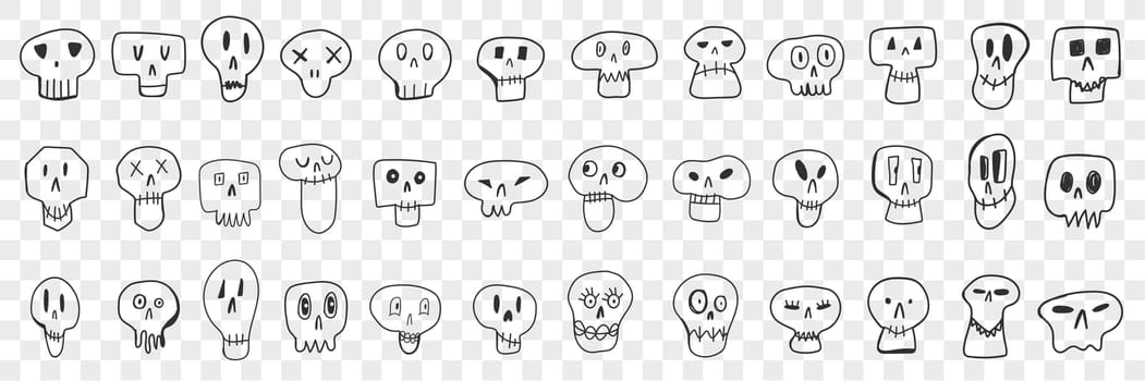 Various skull faces doodle set. Collection of hand drawn spooky skulls faces of different shapes and expressions isolated on transparent background. Illustration of skulls for kids