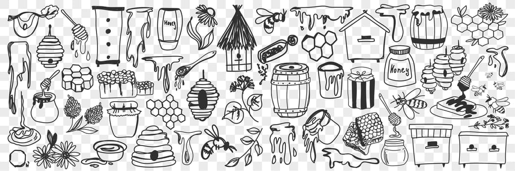 Beekeeping attributes and tools doodle set. Collection of hand drawn honey, hive, bees, barrels and tools for apiary works on farm isolated on transparent background. Illustration of beekeeper tools