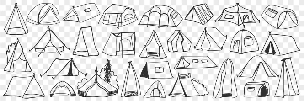 Various camping tents doodle set. Collection of hand drawn camping temporary house tents for traveling tourism isolated on transparent background. Illustration of textile tents for staying on nature