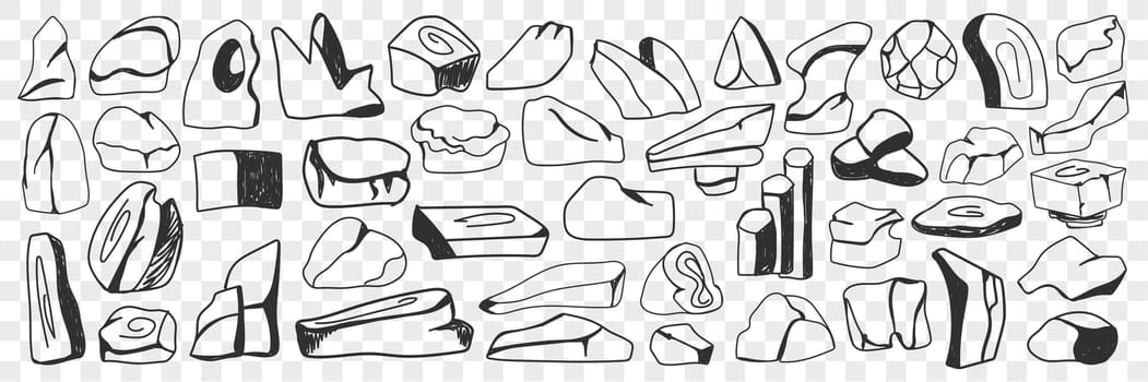 Various stones and ingots doodle set. Collection of hand drawn stones of various shapes and textures and ingots pieces isolated on transparent background. Illustration of natural elements