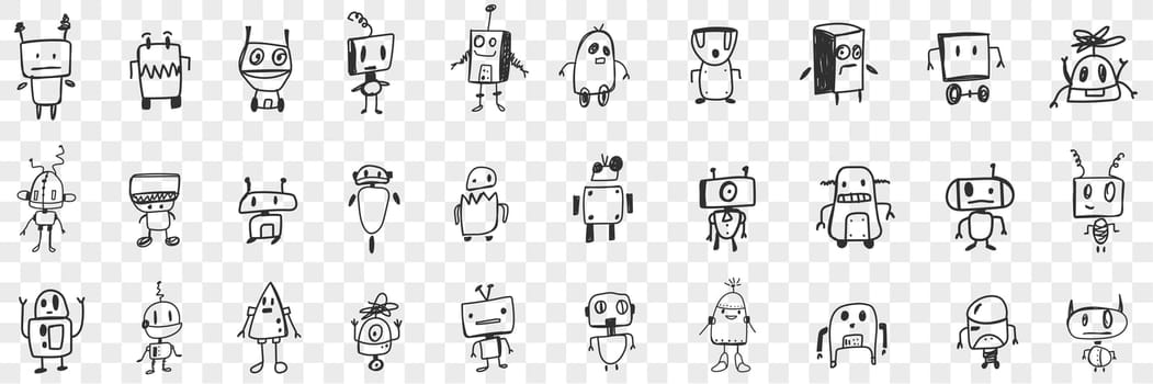 Various smart robots doodle set. Collection of hand drawn cute electronic robots with human heads in rows isolated on transparent background. Illustration of high technologies concept