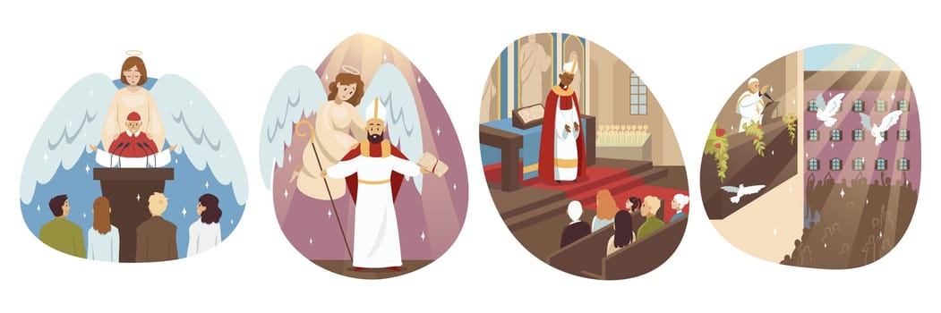 Religion, christianity, holiday set concept. Collection of men catholic orthodox priests pope cartoon characters talking speaking with parish people christians. St Isidore day and Lent celebration.
