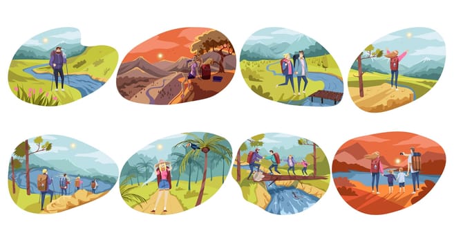 Hiking, tourism, traveling set concept. Collection of people men women hikers backpackers tourists travelers in nature. Vacation holiday trip with active outdoor recreation and extreme lifestyle.