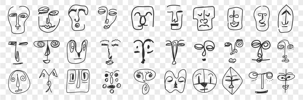 Various face features doodle set. Collection of hand drawn funny human eyes, noses, lips and whole faces drawn in unusual style isolated on transparent background. Illustration of human face