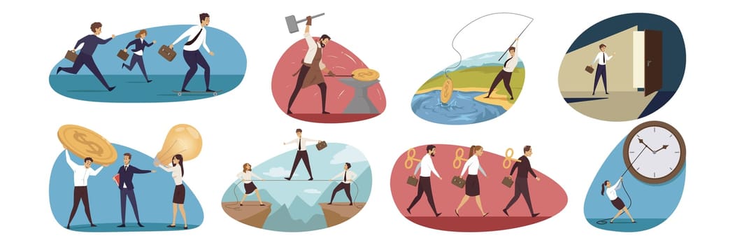 Business, finance, teamwork set concept. Collection of businesspeople men women managers leaders making currency mining rushing on work together. Time management deadline and new career illustration.