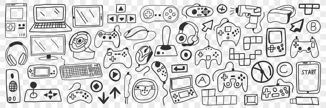 Various smart gadgets doodle set. Collection of hand drawn computers smartphones headsets headphones screens players game console joystick and 3d glasses isolated on transparent background