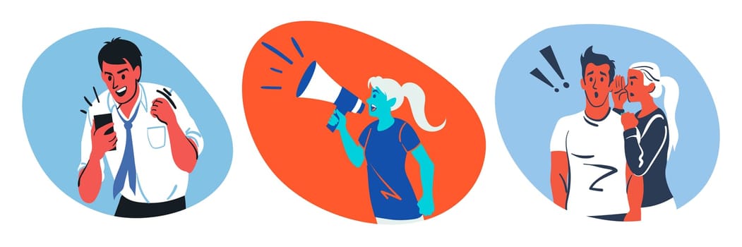 Protest, gossip, business success set concept. Collection of men women characters teliing rumors demonstration participant and advertisement announcement. Good news and telling secret illustration.