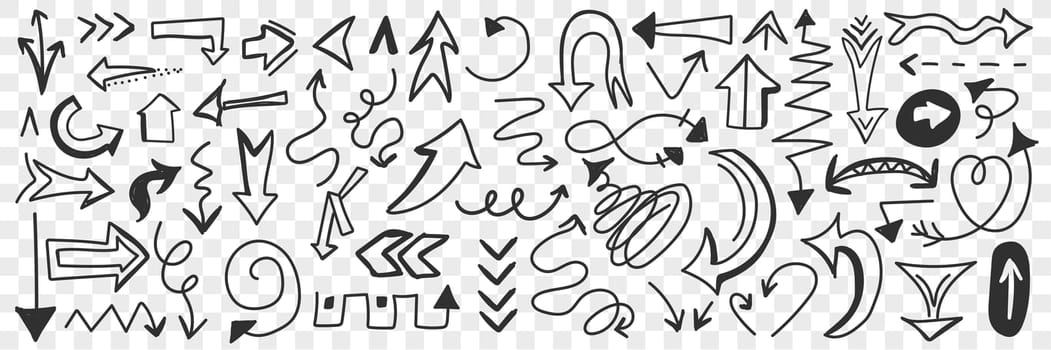 Various arrows and indicators doodle set. Collection of hand drawn arrows signs of different directions and shapes isolated on transparent background. Illustration of navigation symbols