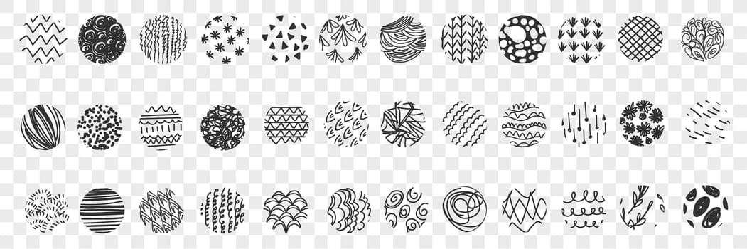 Various patterns balls doodle set. Collection of hand drawn balls with lines floral and dotted patterns isolated on transparent background. Illustration of round decorations