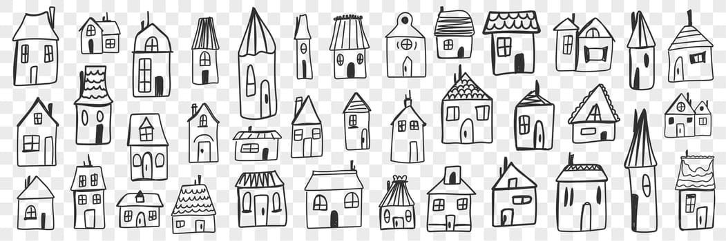 Various houses and buildings doodle set. Collection of hand drawn small one floored houses buildings for living isolated on transparent background. Illustration of architecture and exterior