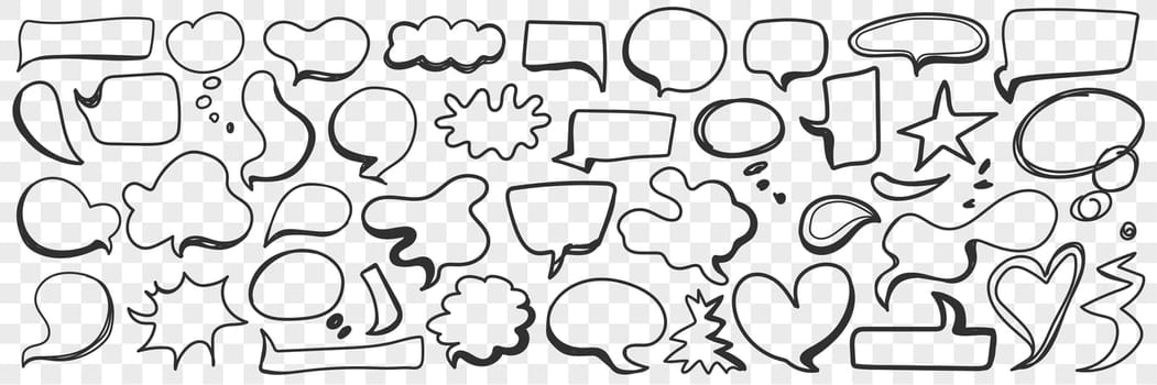 Various shapes of chat bubble doodle set. Collection of hand drawn message communication chat bubbles in shapes of heart cloud and others isolated on transparent background