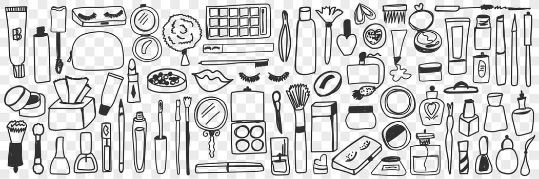 Make up tools and cosmetics doodle set. Collection of hand drawn perfume, creams, mirrors, brushes, eyeshadow, mascara and nail polish isolated on transparent background. Illustration of makeup