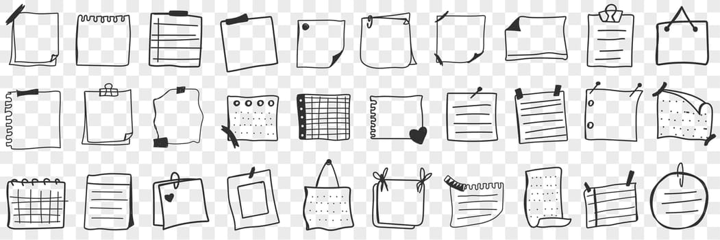 Various papers and notes doodle set. Collection of hand drawn pieces and pages of paper notes with reminders and information isolated on transparent background. Illustration of notebooks in rows