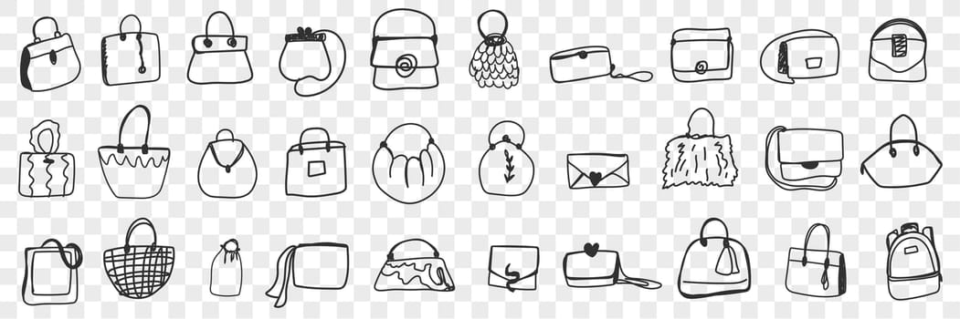 Various feminine bags doodle set. Collection of hand drawn bags baskets and clutches of different styles and shapes isolated on transparent background. Illustration of woman accessories