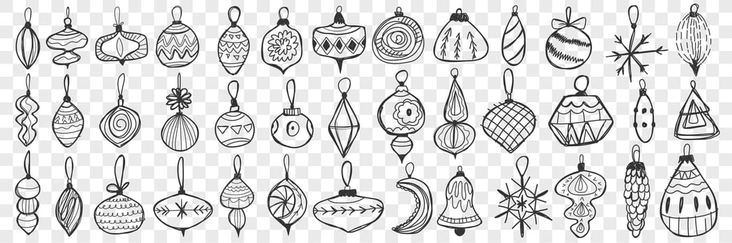 Glass toys and balls doodle set. Collection of hand drawn decorative toys and balls for Christmas tree decoration isolated on transparent background. Illustration of glass decorations with hangers