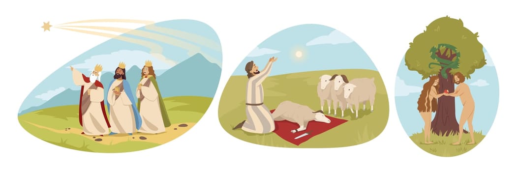 Religion, christianity, bible set concept. Religious biblical series of Adam and Eve in Eden garden and three kings following star of Bethlehem. Arab muslim man shepherd celebrating Kurban Bairam.