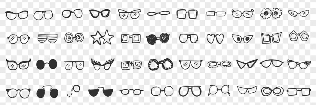 Various stylish sunglasses doodle set. Collection of hand drawn stylish sunglasses personal accessories for wearing on sun isolated on transparent background. Illustration of fashion belongings
