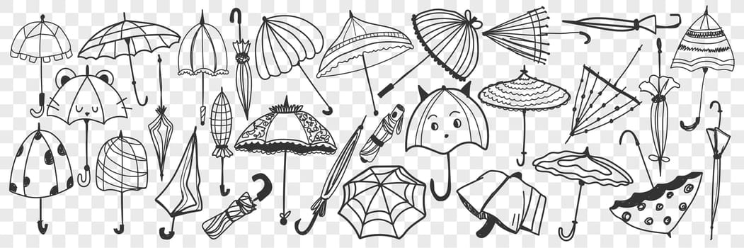 Umbrella doodle set. Collection of hand drawn various open and closed umbrellas for protecting from rainy weather isolated on transparent background. Illustration of stylish casual accessory