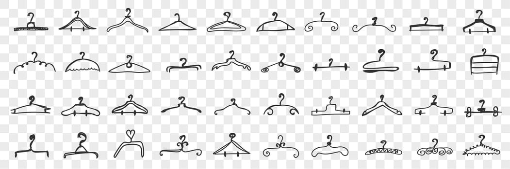 Various clothes hangers doodle set. Collection of hand drawn elegant hangers for clothing of different shapes and styles isolated on transparent background. Illustration of fashion accessories