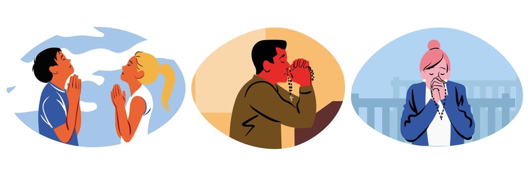 Prayer, religion, faith set concept. Collection of religious men women cartoon characters christians praying to god lord begging for luck protection and support. Chrsitianity and Jesus Christ belief.