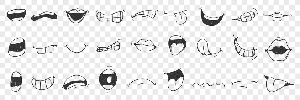 Lips, tongue, mouth doodle set. Collection of hand drawn human lips, open mouth, showing tongue with different emotions isolated on transparent background. Illustration of expressing sign with mouth