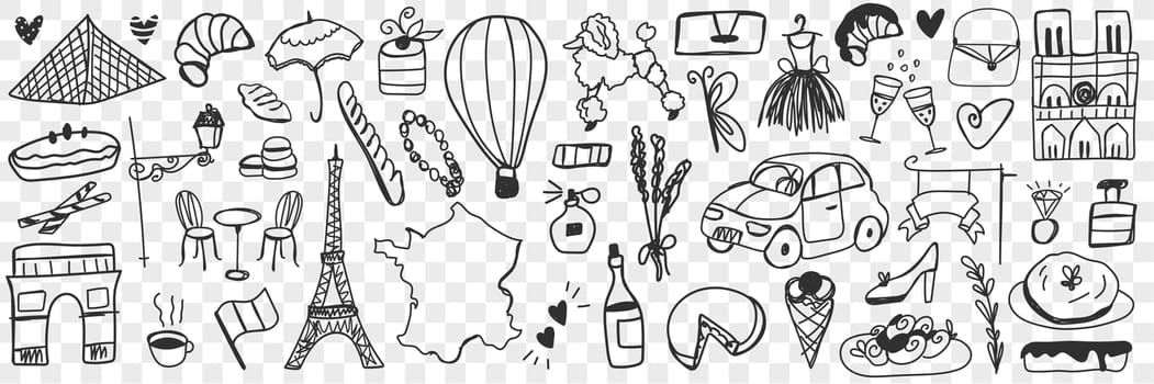 Various french symbols doodle set. Collection of hand drawn eclairs biscuits cheese champagne, cars, architecture, fashion accessories, baguette, dogs, perfume isolated on transparent background