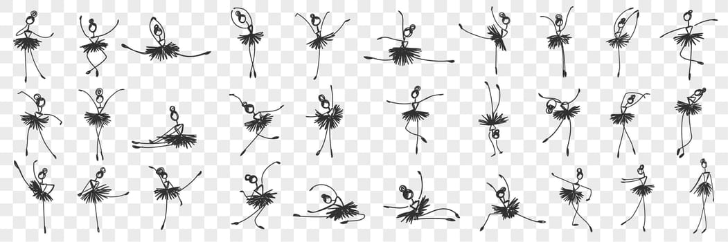 Women ballerina dancing doodle set. Collection of hand drawn elegant female characters classical dancers ballerinas making performance in different positions isolated on transparent background
