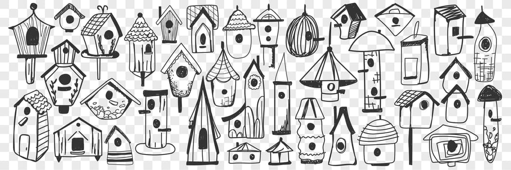 Birdhouse doodle set. Collection of hand drawn wooden birdhouse shelters for feeding and living during cold seasons isolated on transparent background. Illustration of handmade houses for birds