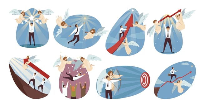 Religion, business, support set concept. Jesus Christ angels biblical religious characters helping businesspeople managers leaders reaching financial success. Divine support christianity illustration.