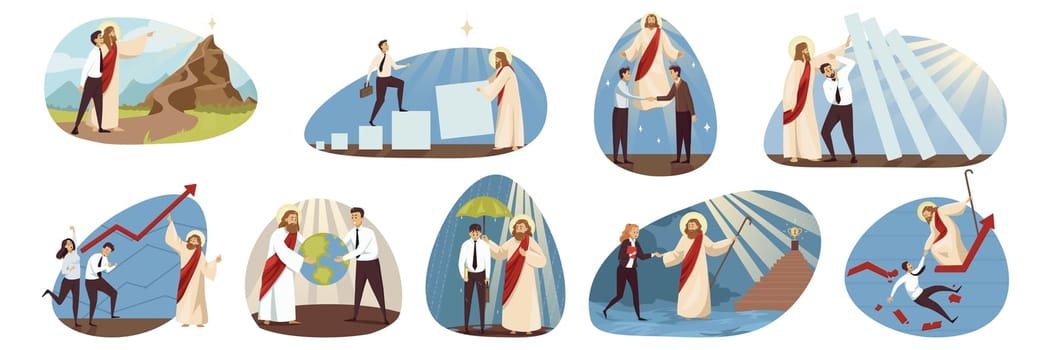 Religion, business, support set concept. Jesus Christ biblical religious character helping protects businesspeople managers leaders reaching financial success. Divine support christianity illustration