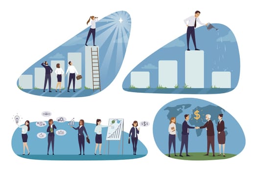 Business, teamwork, financial success set concept. Collection of businesspeople men women clerks managers planning at meeting making global deal together. Career growth finance agreement investment.