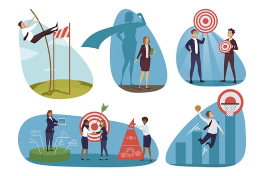 Targeting, business, goal achiemevement set concept. Businesspeople men women clerk managers moving through obstacle raising financial profit and cooperating together. Team building and analysis.