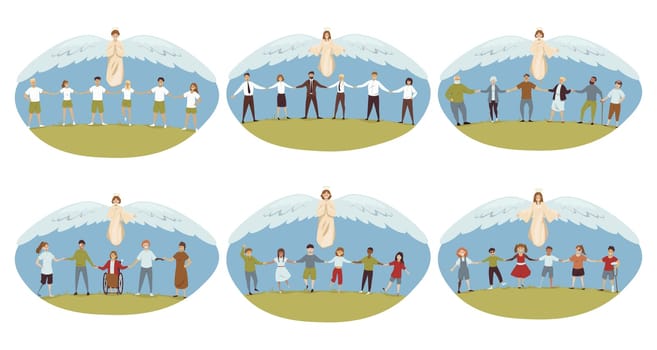 Protection, religion, christianity set concept. Angels biblical religious characters protecting old men women business people chldren disabled person holding hands together. Divine help illustration.