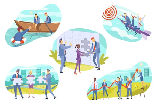 Business, teamwork, cooperation set concept. Collection of teams of businesspeople men women managers working together supporting colleagues assembling jigsaw puzzles. Coworking and goal achievement.