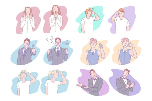 People, face expressions set concept. Collection of men women cartoon characters making applause looking at distance searching showing like praying celebrating victory. Different emotions and gestures