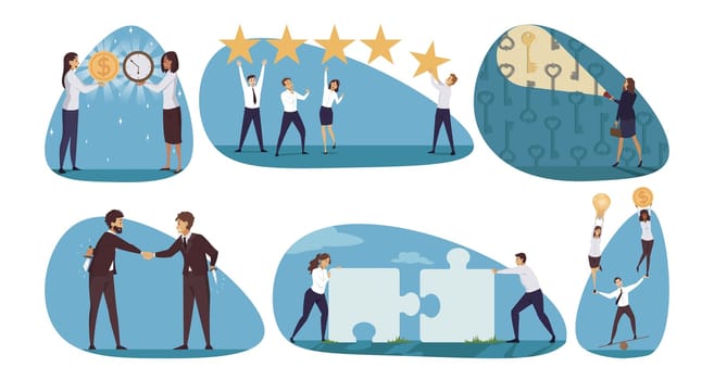 Business, management, coworking set concept. Collection of businesspeople men women searching problem solution working together trating on deal exchange time for money illustration. Team service rank.