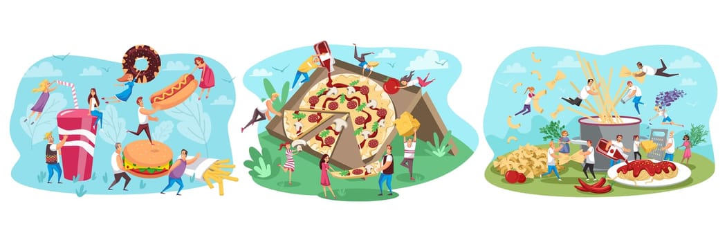 Fastfood, people, food set concept. Collection of men women cartoon characters flying eating junk meal hamburger pizza hot dog fries together. Unhealthy caloric nutrition healthcare illustration.