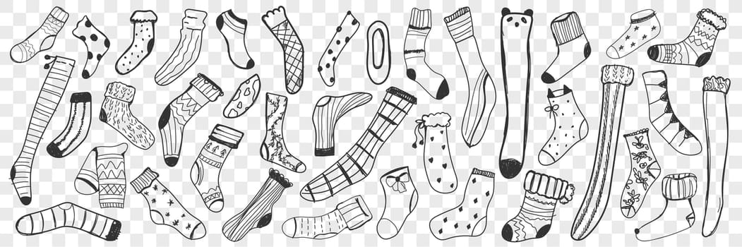 Socks doodle set. Collection of hand drawn different long and short socks and knee-highs for casual wearing isolated on transparent background. Illustration of cotton textile fabric clothes