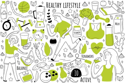 Healthy lifestyle doodle set. Collection of hand drawn sketches patterns templates of people jogging together eating food doing fitness and sport. Healthcare nutrition and meditation illustration