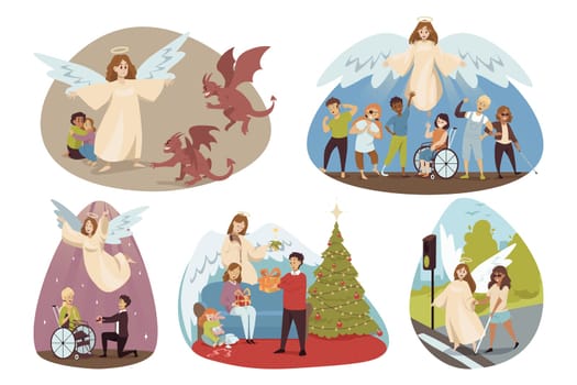 Protection, religion, christianity concept. Angels biblical religious characters protecting disabled helping handicapped people children holiday christmas blessing couple for marriage. Divine support.