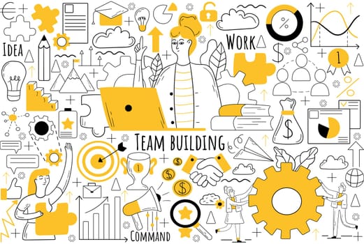 Team building doodle set. Collection of hand drawn sketches templates patterns of businesmen women clerks managers doing teamwork together. Corporate member communication and productive collaboration.