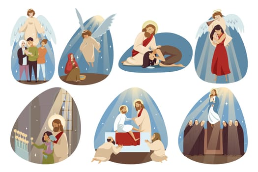 Religion, bible, christianity set concept. Collection angle Jesus Chrsit son of god Mary virgin religious biblical character helping people and making miracle. Divine blessing and catholic holidays.