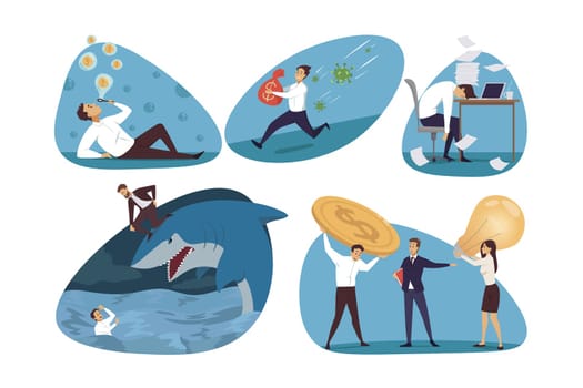 Business, finance, stress set concept. Collection of businesspeople men women managers save money from crisis tired fatigue at work selling idea for currency making cash mining. Successful investment.