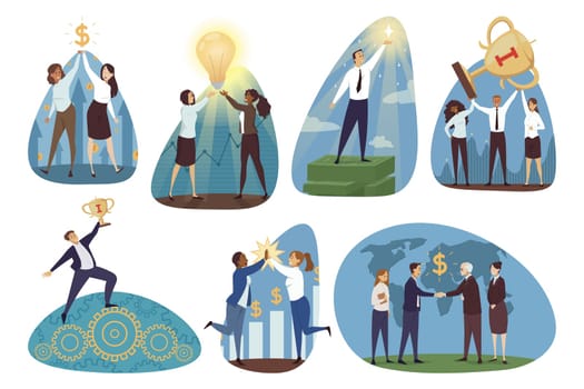 Business, teamwork, goal achievement set concept. Collection of businesspeople men women cartoon chaarcter working together celebrating financial profit success making global agreement illustration.