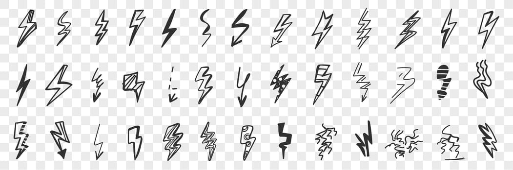 Various arrows and danger indicators doodle set. Collection of hand drawn arrows signs indicating current and voltage isolated on transparent background. Illustration of navigation symbols