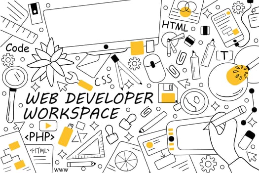Web developer workspace doodle set. Collection of hand drawn sketches templates patterns of people programmers working equipment computers keyboard laptop. Creative occupation and coding illustration.