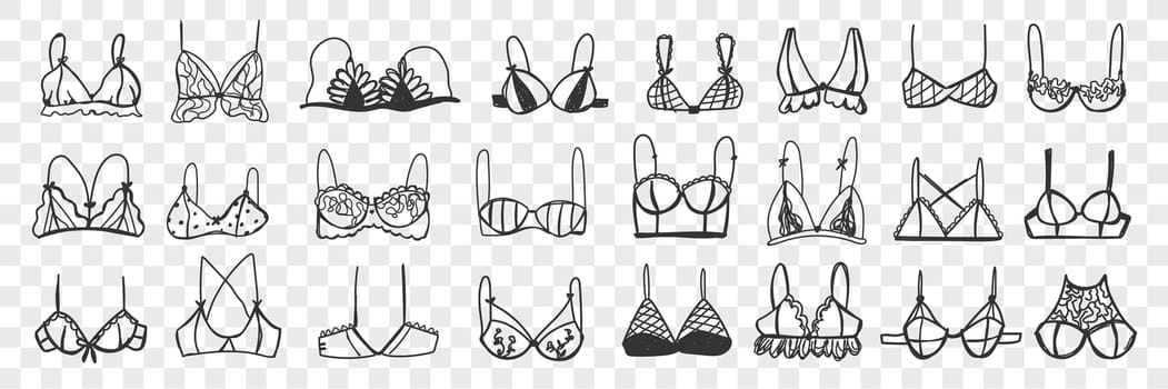 Woman bra doodle set. Collection of hand drawn various elegant or casual woman bra with straps isolated on transparent background. Illustration of sexual underwear for wearing on female body