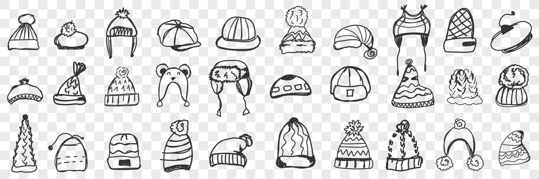 Headdress doodle set. Collection of hand drawn various warm caps and hats for wearing during winter or autumn isolated on transparent background. Illustration of designs for kids head-dress looks